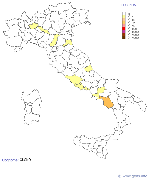Cuono - surname distribution map (Italy/Italia)