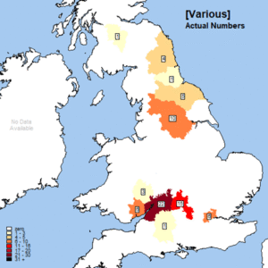 Archer Surname Database map of JOHNSEY/JOHNCEY surname by county, 1881