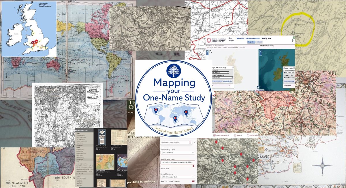 Montage of maps with a Guild of One-Name Studies logo