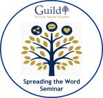 Guild of One-Name Studies branded circular graphic containing an image of a tree with icons representing social media in place of fruit. Caption says "Spreading the Word Seminar".  